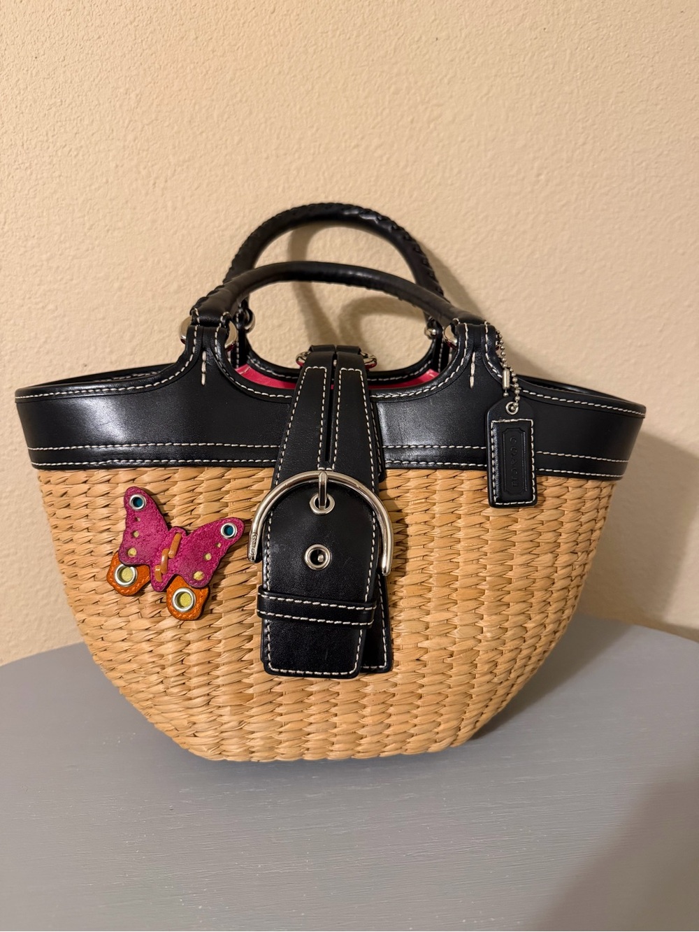 Coach Straw Tote with Pink Butterfly Accent